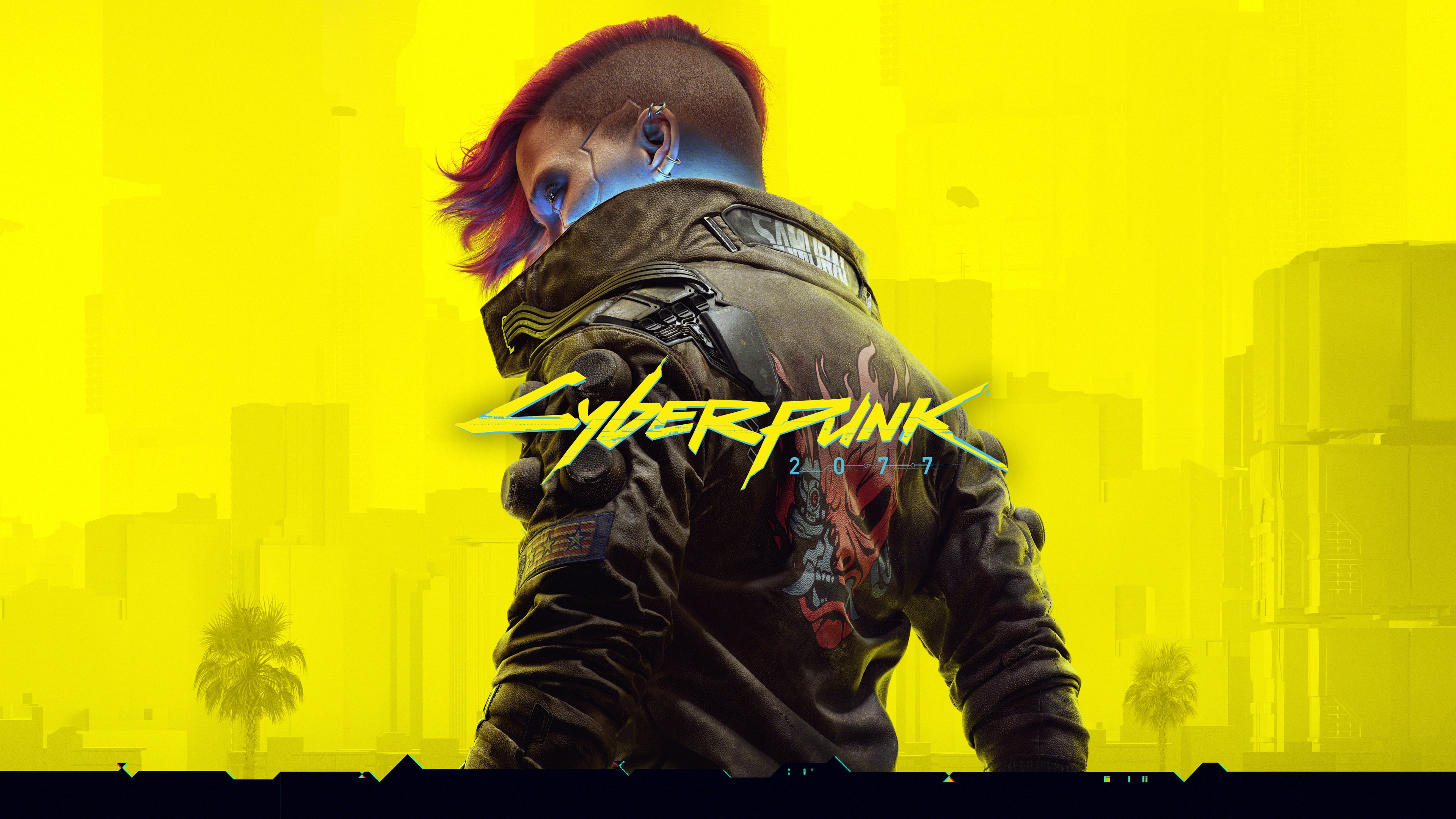 Cyberpunk 2077 logo with the default female V in the behind it, the backgrop is Night City with a strong yellow hue.